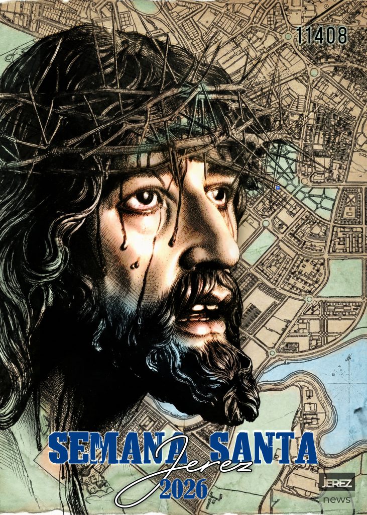 Cartel Semana Santa Jerez 2026 de Jerez News. Primer plano artístico del rostro del Cristo de la Sed dibujado sobre un mapa antiguo de la zona sur de Jerez (11408), con tipografía azul y blanca